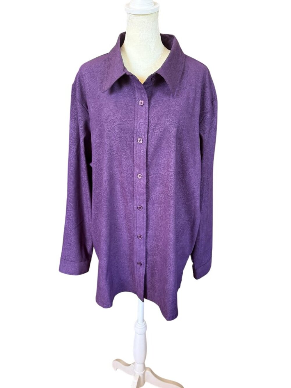 Denim & Co. deep purple textured long sleeve button down shirt women's size 1X